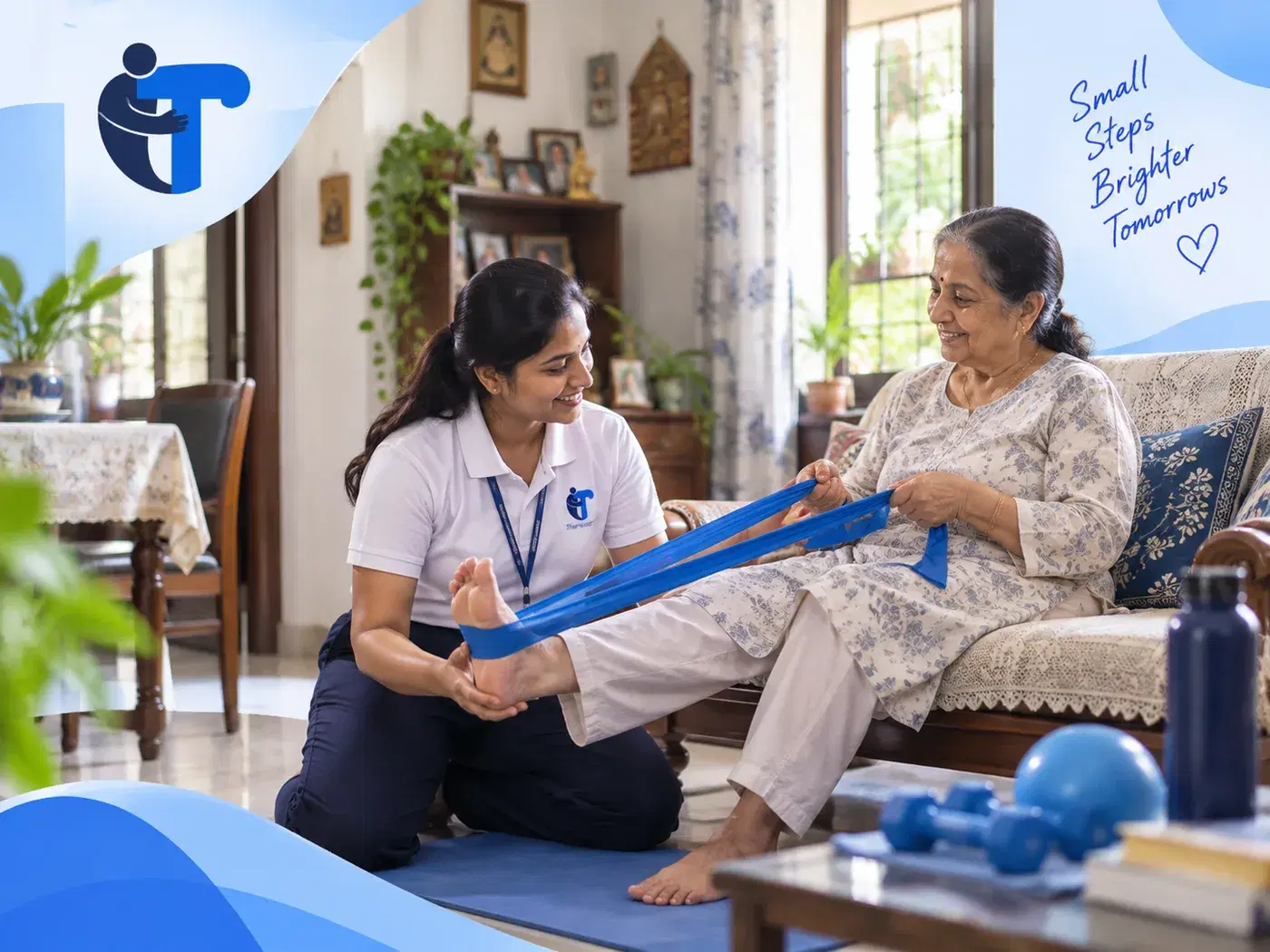 A therapist guiding an older adult through resistance band exercises at home