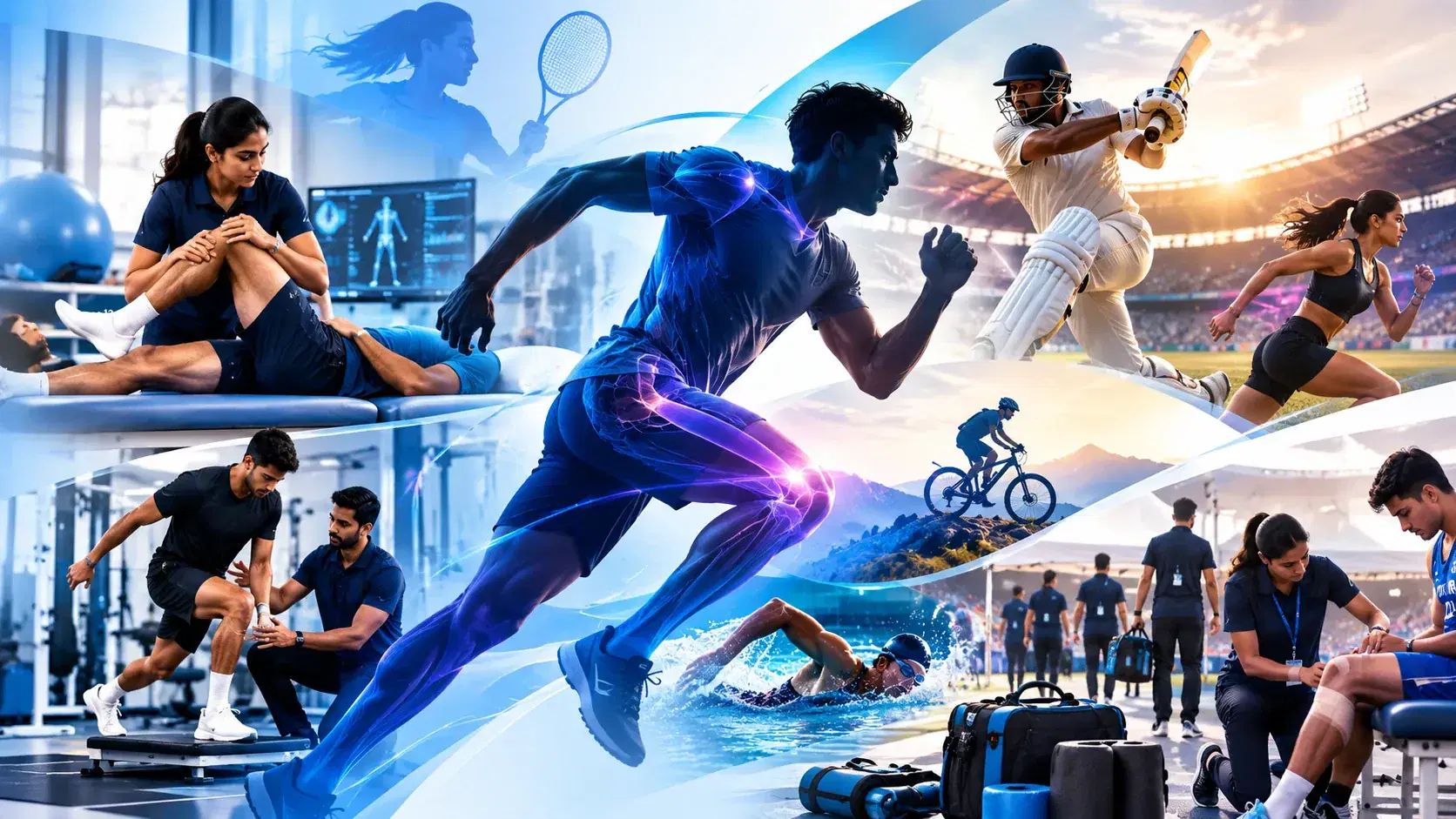 A collage of athletes running, batting, cycling and swimming, with therapists treating athletes in a gym and beside a sports ground